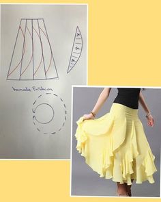 a woman's yellow skirt is next to an image of a sewing pattern on a whiteboard