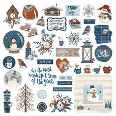 the christmas stickers are all over the page, including snowflakes and trees