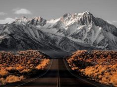 an empty road in the middle of nowhere with mountains in the background