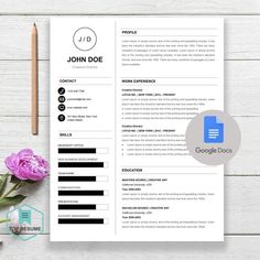 a professional resume template with flowers and pencils on the table, next to it