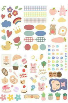 a variety of stickers with animals, flowers and other things on them in different colors