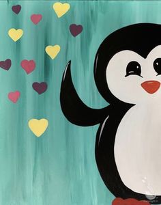 a painting of a black and white penguin with hearts