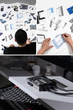 two pictures with people working on some typewriters, and the same person is drawing something