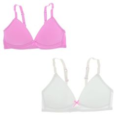 XOXO's girl's training bras are made lightly cupped and padded for comfort and coverage. This two pack has traditional adjustable straps and secures with a single hook and eye closure, so your young lady can practice what can be a tricky adventure. With a delicate bow for added detail, these training bras are smooth and soft with no uncomfortable underwire. Size: Medium - 32A.  Color: Multicolor.  Gender: female.  Age Group: adult. Pink Tie Dye, Everyday Bra, Pink Ties, Womens Bras, Fit Girl, Bra Styles, Bubblegum Pink, White Outfits, Pink White