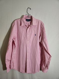 RALPH LAUREN Long Sleeve Large Pink White Stripe Button Down Shirt Custom Fit. Has a couple small pen mark spots as pointed out in pic. Classic Ralph Lauren Long Sleeve Tops, Ralph Lauren Pink Long Sleeve Shirt, Classic Ralph Lauren Button-up Shirt, Ralph Lauren Fitted Long Sleeve Tops, Striped Top With Spread Collar And Button Closure, Striped Top With Button Closure And Spread Collar, Ralph Lauren Striped Collared Tops, Classic Ralph Lauren Shirt With Button Closure, Ralph Lauren Pink Collared Tops