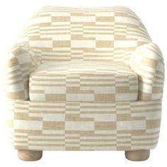 a beige and white chair with wooden legs on a white background, it appears to be made of fabric