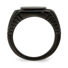 Black IP-plating over stainless steel polished men's signet ring with black cubic zirconia stones and grooved detailing. Band width measures approximately 3/16". Polished Man, Mens Rings Fashion, Signet Ring Men, Signet Rings, Gold Statement Ring, Mens Items, Stainless Steel Polish, Packaging Gift, Bow Jewelry