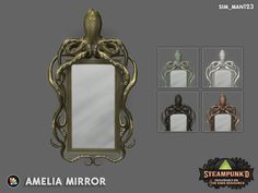 an ornate mirror is shown with four different designs on the front and back sides, along with