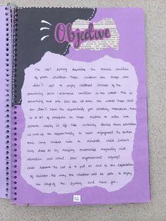 a spiral notebook with writing on it and the words objective written in pink ink next to an open book