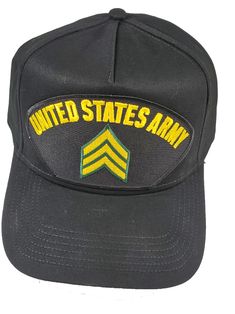 UNITED STATES ARMY HAT. Army Sergeant Rank Patch, Army Chevron Stripes. Gold and Green. Black Cap High Detail and Impact. 8 Rows Stitching on Visor and Pro Stitch on Crown 5 panel hat. Adjustable Size, Black Golf Style. Great Gift Idea for ANY U.S. Army Sergeant. HatnPatch Is THE Veteran Owned Family Business. We Generally Ship Orders Within 24 Hours And Usually The SAME DAY! Black Military Trucker Hat, Military Style Black Adjustable Snapback Hat, Adjustable Black Military Snapback Hat, Black Adjustable Military Snapback Hat, Military Style Black Visor Snapback Hat, Military Style Hat For Streetwear, Military Style Adjustable Baseball Cap With Short Brim, Military Style Black Adjustable Trucker Hat, Military Style Black Snapback Cap