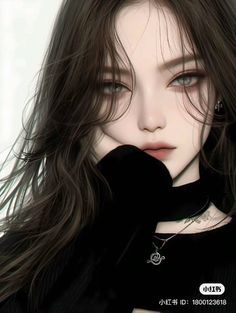 an animated image of a woman with long dark hair and piercings on her neck