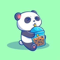 a panda bear sitting on the ground holding a blue box with a candle in it's mouth