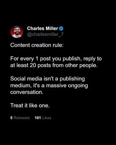 a twitter post with the caption'content creation rules for every 1 post you push, repy to at least 20 posts from other people social media isn '