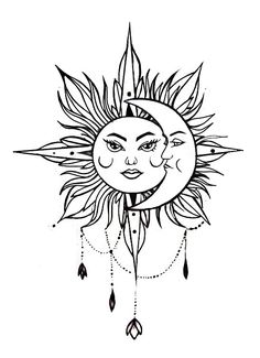 a drawing of a sun with a face and feathers on it's head, in black ink