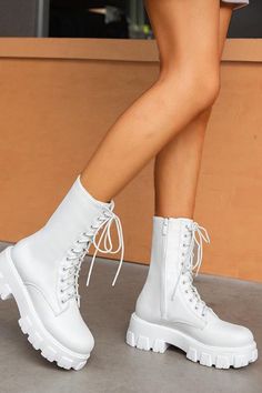 Details: Women Boots White Lace-up Shoelace Zipper Mid Calf Wedges Sigma Aesthetic, White Lace Up Boots, Womens White Boots, Flat Wedges, Boots White, White Boots, Women Boots, White Flats, Flat Boots