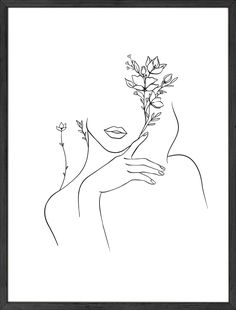 a black and white drawing of a woman with flowers in her hair