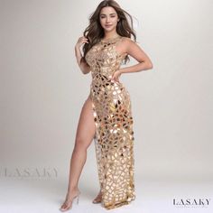 Lasaky - Exquisite Crystal Embellished Sheer Mesh Maxi Club Dress with Mirror Effect Sequins and High Split Gold Sequin Maxi Dress For Cocktail, Gown With Cape, Mirror Effect, Club Dress, Home Dress, Crystal Embellishment, Club Dresses, Mini Dress Party, Olivia Mark