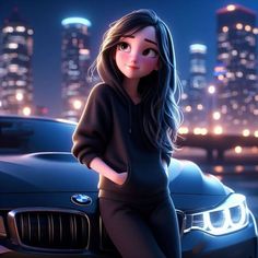 a woman sitting on the hood of a car in front of a city at night