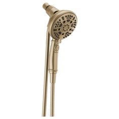 thermostaer shower head with handset and hand showerhead in brushed brass