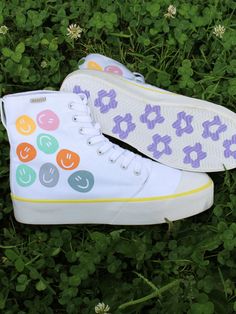 Everyday Adventure Footwear! Unique canvas designs. 100% vegan. Unisex. Every purchase helps fund a new entrepreneur. Smiley Shoes, Platform High Tops, Swag Items, Adventure Shoes, Bangs Shoes, 70s Aesthetic, Smiley Faces, Unique Canvas, Printed Canvas