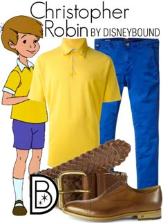 an image of a boy in yellow shirt and blue jeans with brown shoes on it