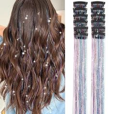 Gorgeous glitter hairstyle ideas | Hairstyle tutorial ideas | Easy hairstyle ideas Tinsel Hair Extensions, Tinsel Hair, Decorative Hair Clips, Hair Accessories Clips, Glitter Hair, Clip In Hair, Wig Accessories