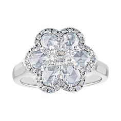 Flower Ring. The Ring is 18K White Gold. There are 1.13 Carats Rose Cut Diamonds F VS. There are 0.52 Carats Small Round Diamonds F VS. The ring measures about 0.50" wide. The ring is a size 7.0, sizable. The ring weighs 7.1 grams. Contemporary Engagement Rings, Gold Flower Ring, Gold For Sale, Round Sapphire, Purple Diamond, Diamond Halo Ring, Pave Diamond Ring, Circle Diamond, Diamond Cocktail Rings