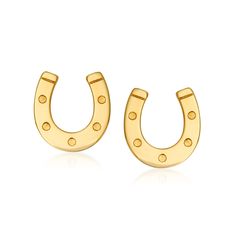 Ross-Simons - 14kt Yellow Gold Horseshoe Stud Earrings. Our adorable horseshoe stud earrings are rodeo-ready! Crafted of satin and polished 14kt yellow gold, they add a subtle yet charming touch to any outfit and make the perfect pair to give to the equestrian in your life. Post backing, 14kt yellow gold horseshoe stud earrings. Cute Earrings Studs, Diamond Anklet, Italian Gold Jewelry, Mixed Metal Bracelets, Pearl Bracelet Gold, Horseshoe Pendant, Pearl Strands Necklace, Pearl Anklet, Mixed Metal Earrings