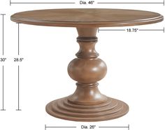 the measurements for a round dining table with pedestals on each side and an oval wooden top