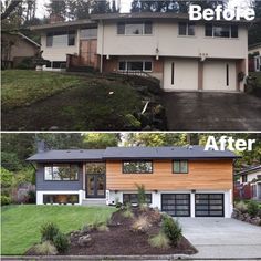 before and after photos of a house with wood siding on the front, side and top