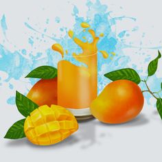 an orange juice splashing out of a glass next to some mangoes and leaves