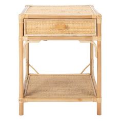 an end table with two drawers and wicker baskets on the top, against a white background