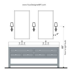 a bathroom vanity with three mirrors and two lamps on the wall next to each other