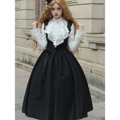 A young lady who runs through the night and travels through the pitch-black darkness. She wears a jumper skirt with lace-up decoration on the back, a short jacket, and a blouse with a statement jabot. Enjoy the mysterious atmosphere that lurks in the darkness. 
 
 
 Item 
 
 Jumper skirt - long length (*with flower ribbon) 
 Jumper skirt - Short length (*with flower ribbon) 
 Short jacket 
 Blouse (*with jabot) 
 
 
 Size 
 
 Jumper skirt - long length 
 
 S size 
 
 Length: 117cm 
 Shoulder wid Steampunk Victorian Dress For Costume Party, Long Sleeve Victorian Dress For Cosplay, Elegant Black Skirt For Costume, Evening Victorian Dress For Fall, Short Pollera, Jacket Blouse, Evening Blouses, Jumper Skirt, In The Darkness