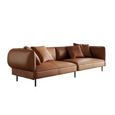 a brown leather couch with pillows on it's back and side ends, against a white background