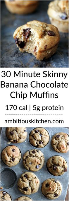 Almost fat free, healthy banana muffins with chocolate chips for a little indulgence. The greek yogurt adds protein and keeps the muffins moist. You'll love these! Banana Muffins With Chocolate Chips, Muffins Chocolate Chip, Muffins With Chocolate Chips, Muffins With Chocolate, Menu Sarapan Sehat, Healthy Banana Muffins, Banana Chocolate Chip Muffins, Banana Chocolate