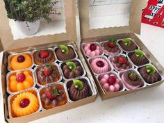 two boxes filled with different types of chocolates on top of a white table next to a potted plant