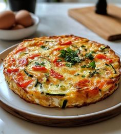 an omelet on a plate with eggs in the background