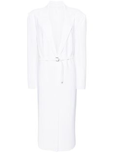 snow white V-neck concealed lace-up fastening long sleeves stitched pockets straight hem peak lapels Snow Dress, Maxi Dress White, Fitted Maxi Dress, Wardrobe Edit, Yoko London, Maxi Jersey Dress, Apron Dress, Norma Kamali, Exclusive Fashion