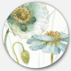 an artistic painting of blue flowers on a white background round sticker with gold accents