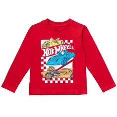 Get ready for fun and play in this Hot Wheels Long Sleeve T-Shirt. Watch as your creative child builds awesome racetracks and does cool stunts with their favorite toy cars and monster trucks. Your kid will love to wear this long sleeve graphic tee shirt featuring the iconic Hot Wheels brand. HOT WHEELS (TM) and associated trademarks and trade dress are owned by, and used under license from, Mattel. (c) 2022 Mattel. Red Crew Neck Top For Playtime, Hot Wheels Birthday Shirt, Red Character Print T-shirt For Playtime, Red Graphic Print T-shirt For Playtime, Fun Red T-shirt For Playtime, Red Graphic Print Casual T-shirt, Hot Wheels Tshirt Design, Hot Wheels Skateboard, Hot Wheels Sizzlers