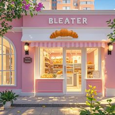 a store front with pink walls and white trim