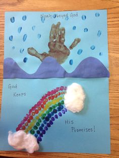 a handprint on paper with a rainbow and clouds next to it that says god keeps his primnesss