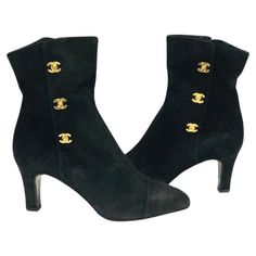 - Vintage 90s Chanel black suede ankle boots. It is one of the Chanel 90s classic! The boots have never been worn before. - Gold Hardware CC turn-lock style. - Side zip closure. Vintage Chanel Shoes, Black Velvet Boots, Chanel 90s, 90s Chanel, Chanel Boots, Velvet Boots, Black Suede Ankle Boots, Lock Style, Closet Organizer