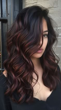 Discover the hottest fall hair color trends for brunettes in 2024 that will completely transform your look #FallHair2024 #BrunetteGlow Red With Balayage Highlights, Dark Brown Hair Balayage Naturally Curly, Black To Dark Red Hair, Dark Brown Hair With Deep Red Balayage, Dark Brown With Chocolate Balayage, Brunette To Red Balayage, Two Tone Dark Hair, Dark Brown Hair With Burgundy Balayage, Red And Dark Hair