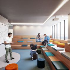 three people are sitting on benches in a room with blue and orange flooring, while one person is writing on a whiteboard