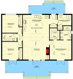 the floor plan for a house with two bathrooms and an attached kitchen area, including a living