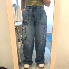 Denim Cargo Jeans. Over Sized. Never Worn, Was Washed Hoping It Would Shirk A Bit But Still Too Long And Didn’t Want To Cut Them. Super Cute On, Just Wish It Was Shorter. Junior Size But Adult Fit. Measurements In Pictures. Denim Cargo Jeans, Ripped Boyfriend Jeans, Pleated Jacket, Denim Cargo, Boyfriend Denim, Distressed Boyfriend Jeans, Jeans Fashion, Over Sized, Fashion Nova Jeans