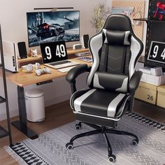 a gaming chair sitting in front of a computer desk