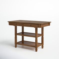 a wooden table with two shelves on one side and an open shelf on the other